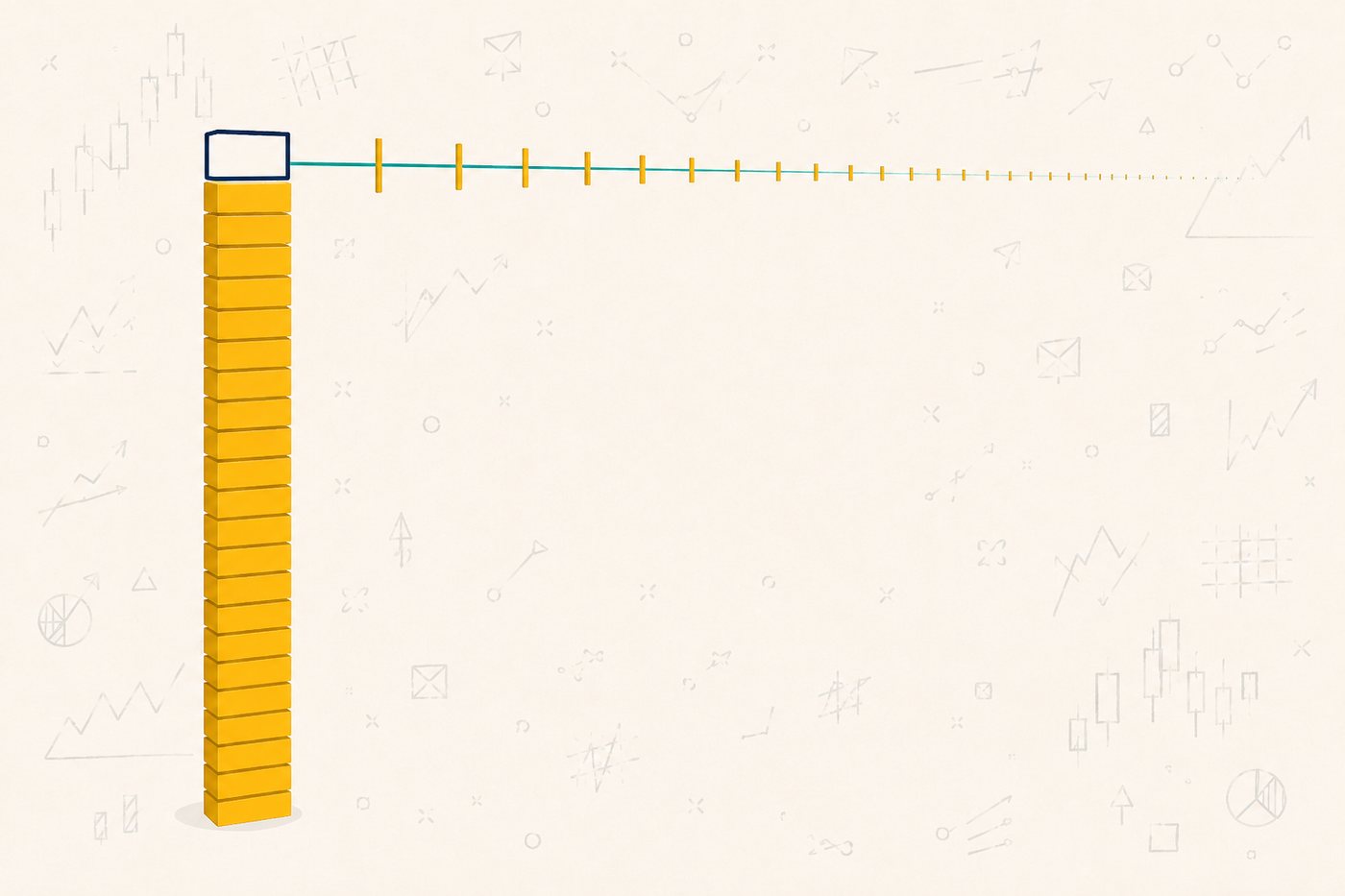 A gold column of twenty one segments with twenty filled solid and the last one hollow, stretching away into a long thin tail