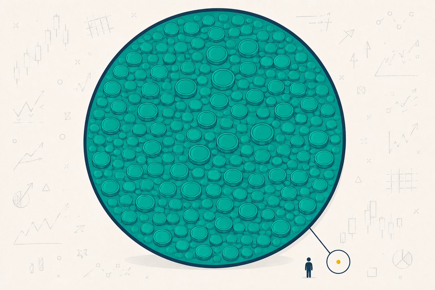An enormous disc packed with teal coins beside one tiny gold coin circled for emphasis, with a small figure for scale
