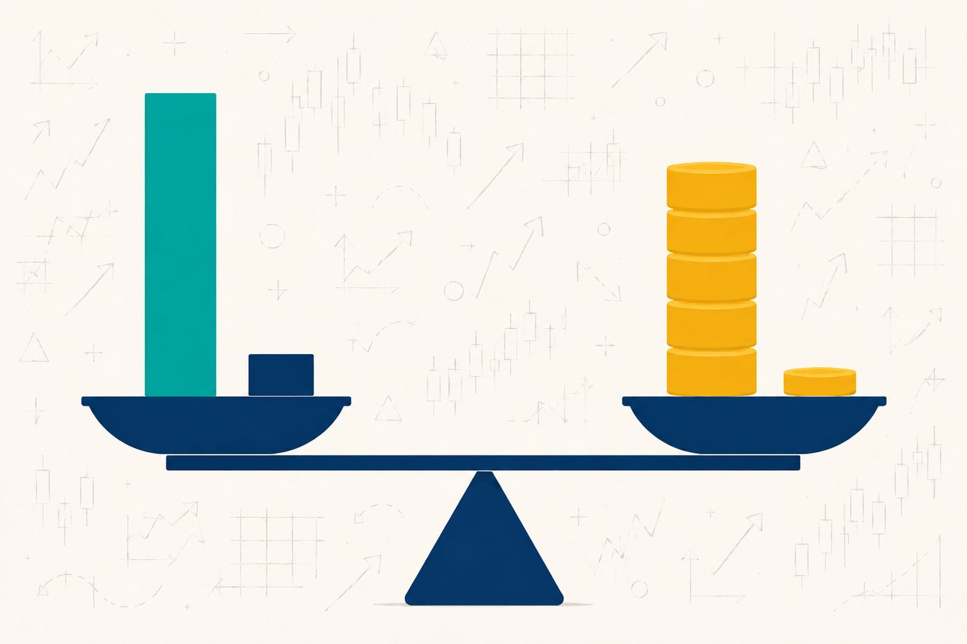 A level balance beam: a teal bar five times taller on one side, a gold coin stack five times taller on the other