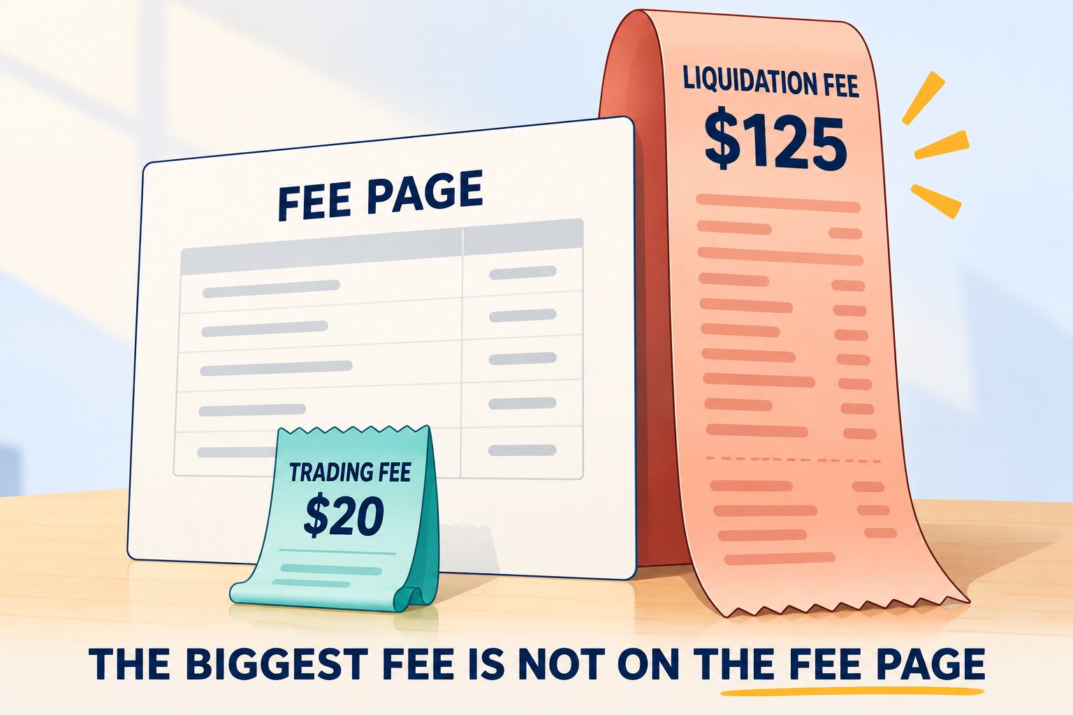 Illustration: a small teal receipt labelled Trading fee $20 stands in front of a card labelled Fee page, while a much taller coral receipt labelled Liquidation fee $125 rises behind the card, outside it. Caption along the bottom: The biggest fee is not on the fee page.