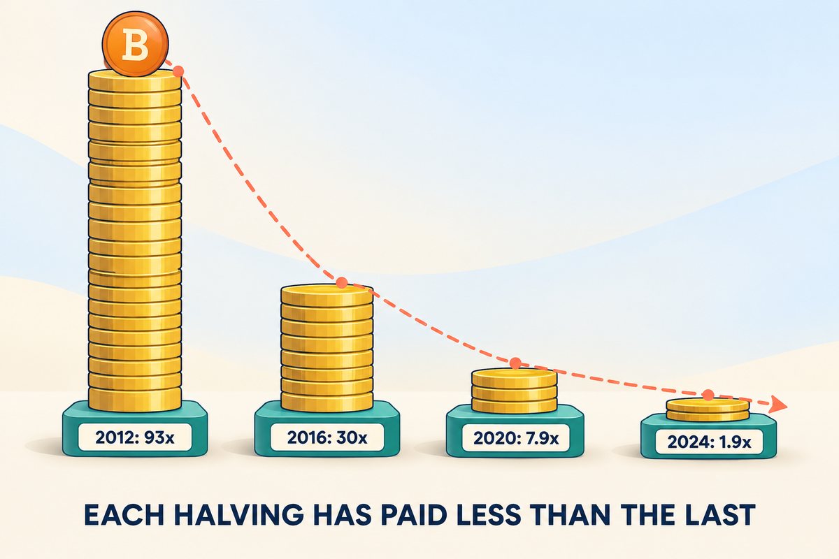 Illustration of four gold coin towers on teal plinths, each much shorter than the one before: the first, topped with a Bitcoin coin, is labelled 2012: 93x, then 2016: 30x, 2020: 7.9x and a two-coin stack labelled 2024: 1.9x, with a dashed coral line sloping down across their tops and a caption reading EACH HALVING HAS PAID LESS THAN THE LAST