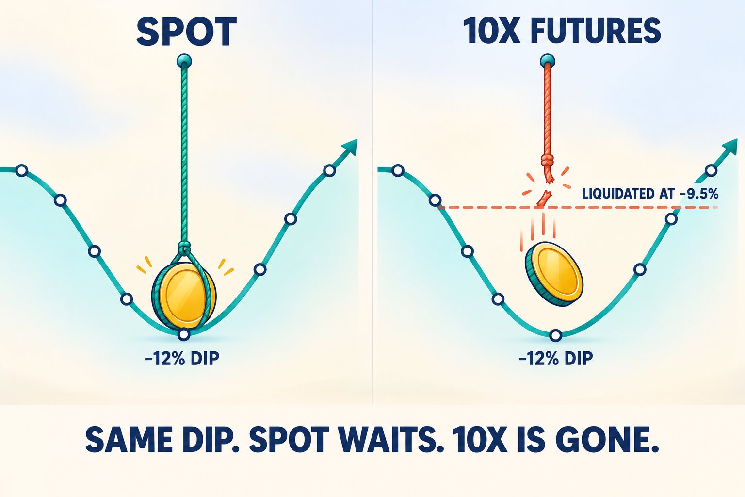 Bright flat illustration of one price line dipping 12% and recovering: on the left a coin labelled SPOT rides the whole dip on a long teal rope; on the right a coin labelled 10X FUTURES hangs from a short coral rope that snaps at a dashed line marked LIQUIDATED AT -9.5%, above the -12% low. Caption: Same dip. Spot waits. 10x is gone.
