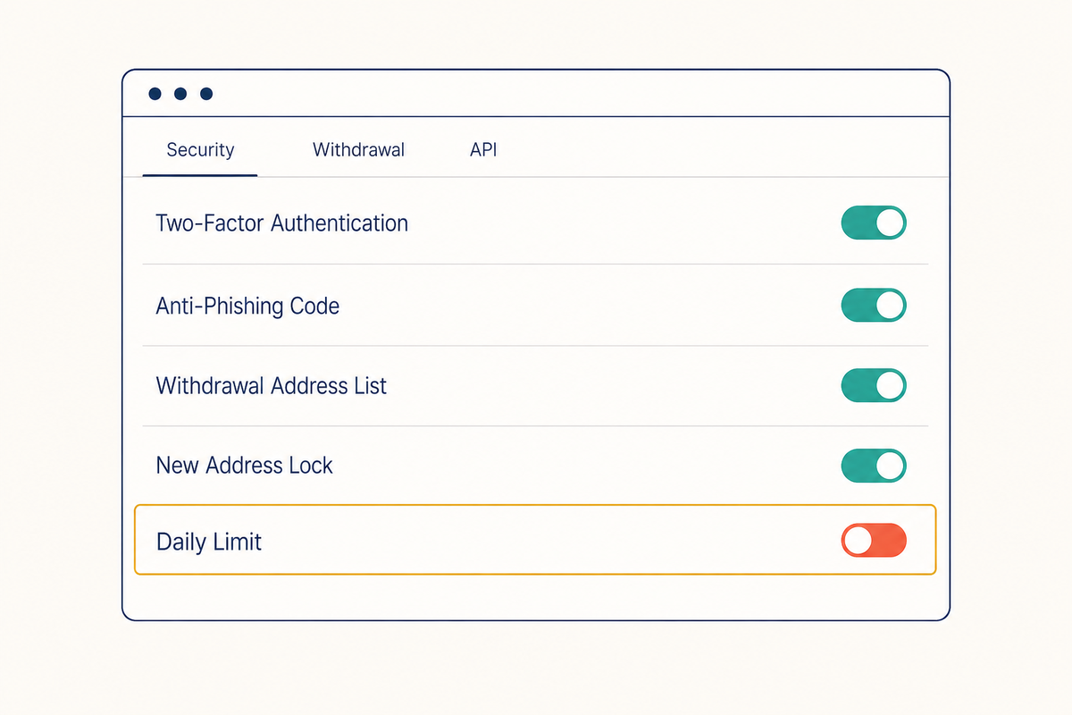 An exchange account security settings panel with five rows: Two-Factor Authentication, Anti-Phishing Code, Withdrawal Address List and New Address Lock switched on in teal, and Daily Limit still switched off in coral and outlined in gold as the one setting left to fix