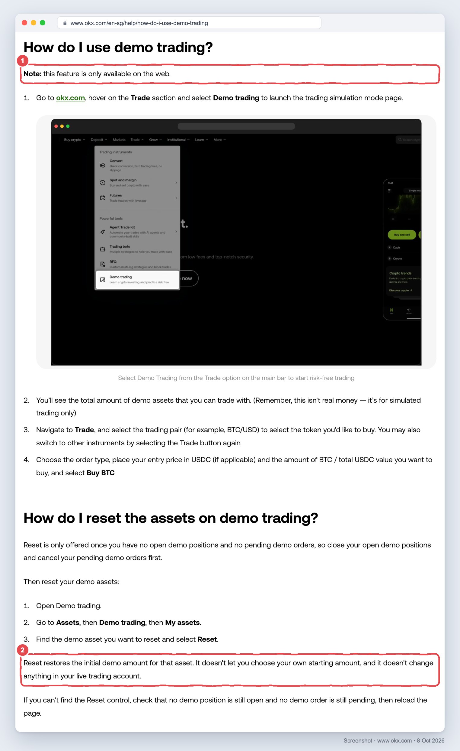 Screenshot of the OKX Singapore help page on demo trading with two red boxes: the note that the feature is only available on the web, and the line that reset restores the initial demo amount and does not let you choose your own
