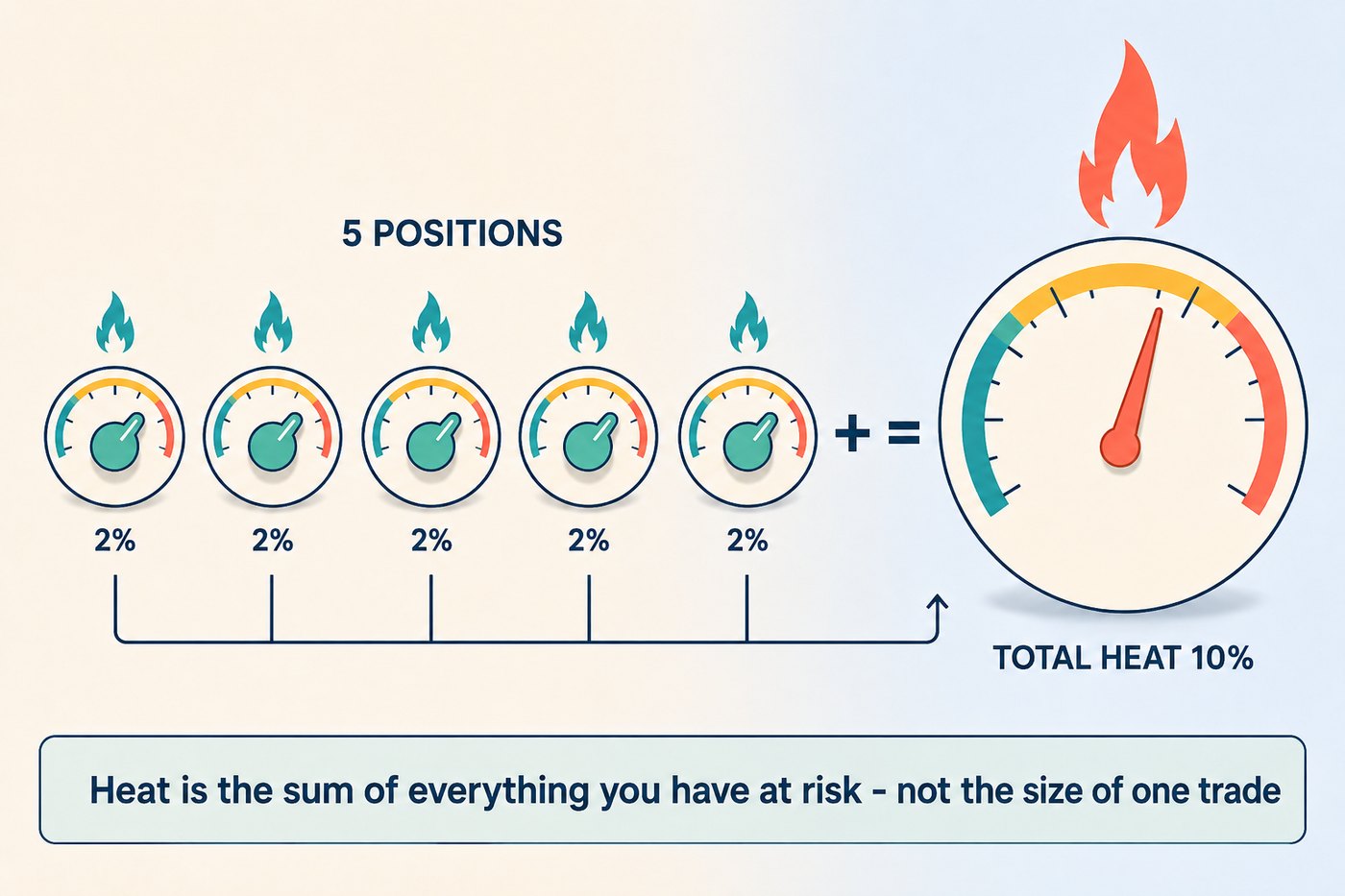 Diagram of portfolio heat: five dials each labelled 2 percent for five positions, adding up to one gauge reading TOTAL HEAT 10%