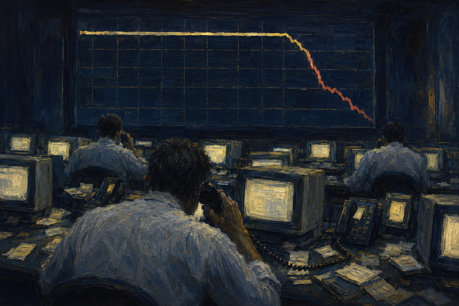 Painted illustration of a London currency dealing room in September 1992, dealers seen from behind at CRT monitors while a rate line on the wall board runs flat and then breaks downward