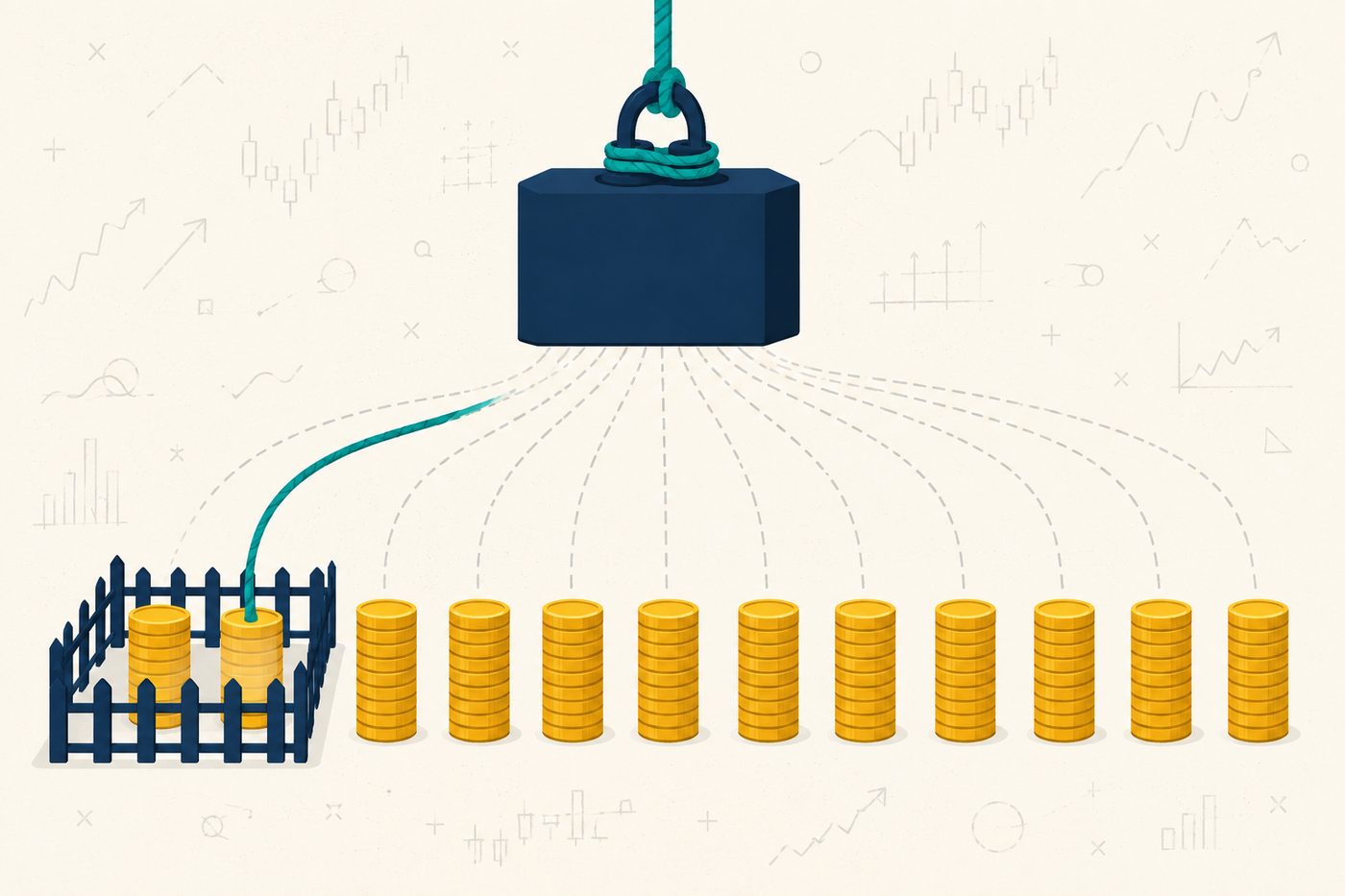 Isolated vs cross margin illustrated: a fenced pair of coin stacks roped to one position while the rest of the wallet stands outside