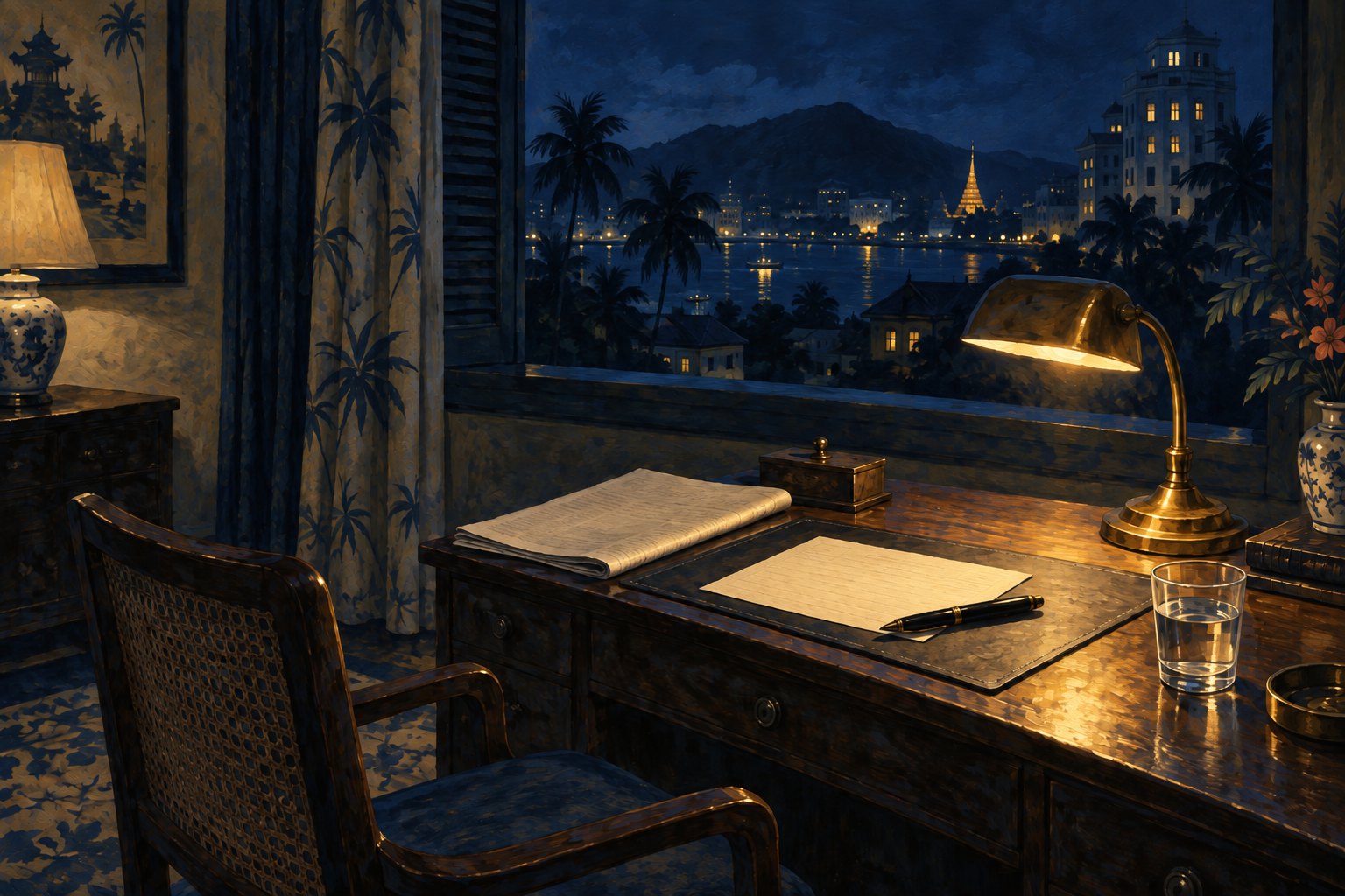 Illustration of a 1950s hotel writing desk at night in a tropical Asian port city: a brass lamp lighting a blank sheet of paper and a fountain pen on a leather blotter, a folded newspaper beside them, an empty cane chair pushed back, and a lamplit harbour with palm trees through the open window &mdash; an illustration, not a photograph