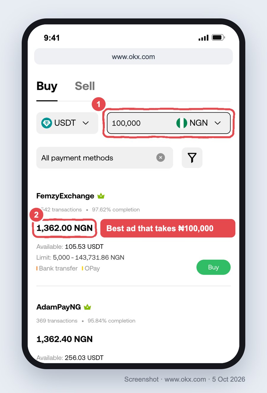 Screenshot of the OKX P2P buy-USDT page on a phone with 100,000 NGN typed into the amount box; the first advert that accepts it is priced 1,362.00 NGN, bank transfer and OPay