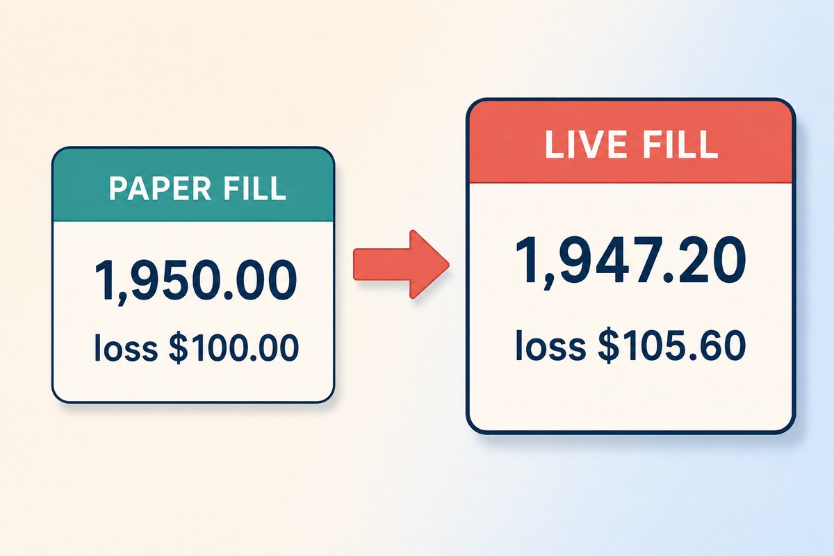 Paper fill at 1,950.00 costing $100.00 next to a live fill at 1,947.20 costing $105.60