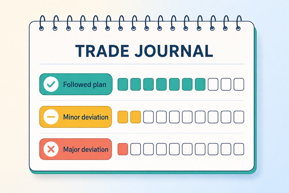 A trade journal grading ten trades as followed plan, minor deviation or major deviation