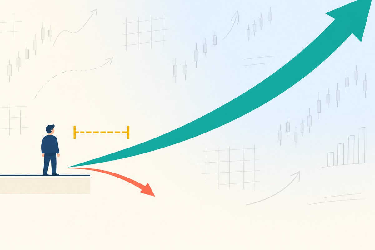 Flat vector illustration on a bright cream background: a small navy figure stands still on a low platform while a thick teal arrow sweeps upward and leaves the frame without them, a honey-gold bracket measures the gap between the figure and that arrow, and a shorter, thinner coral arrow shoots downward in the exactly opposite direction