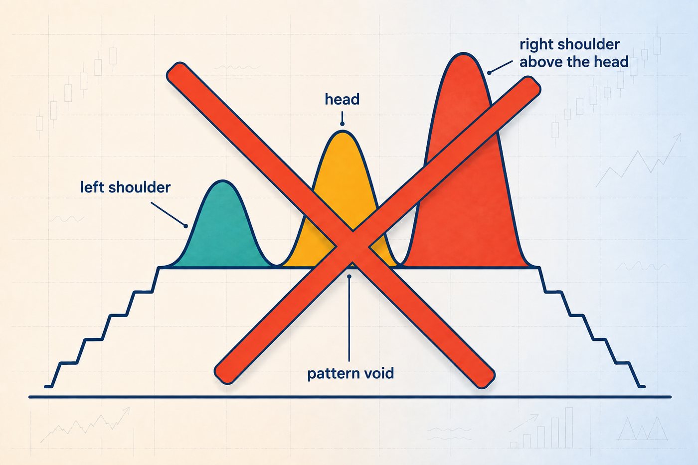 A three-peak chart in which the right-hand peak rises above the middle peak, labelled left shoulder, head and right shoulder above the head, with a thick coral cross across the whole shape marked pattern void