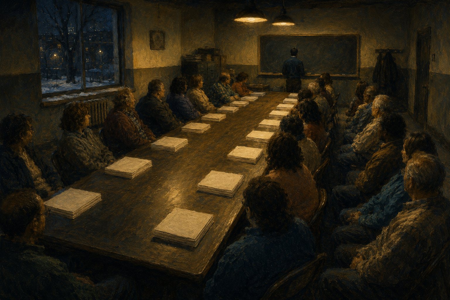 Illustration of the 1983 Turtle training room: about twenty ordinary people around a long table, an identical stack of typed rules in front of every one of them