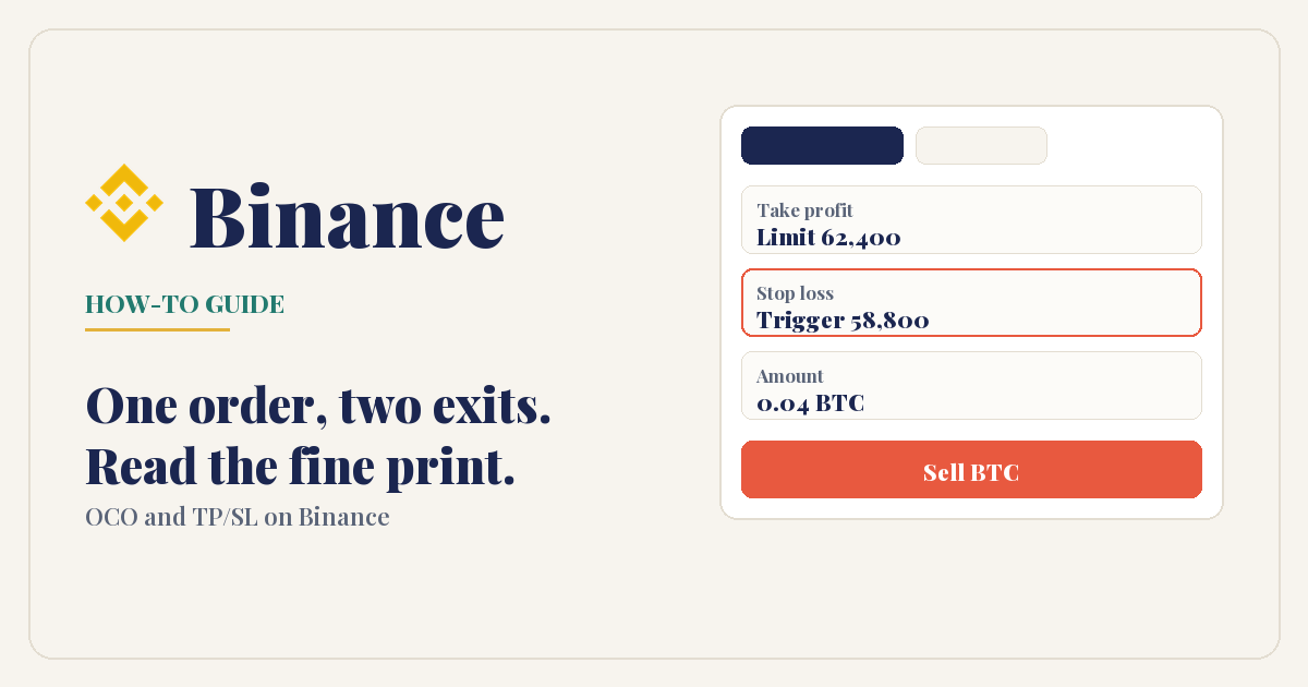 Binance OCO sell for 0.04 BTC: take-profit limit at 62,400, stop-loss trigger at 58,800 marked as the field to watch, and a Sell BTC button