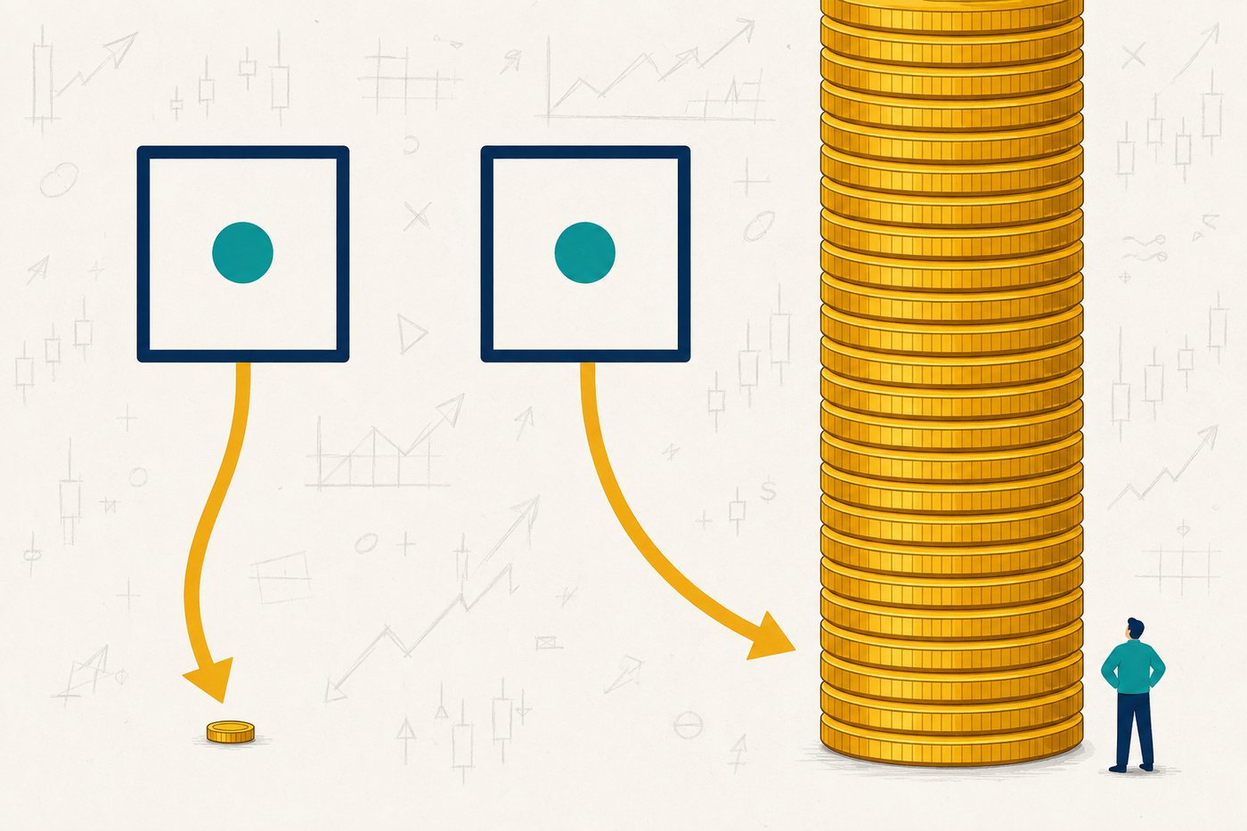 The same number typed into two identical order fields: one unit produces a single coin, the other a towering stack