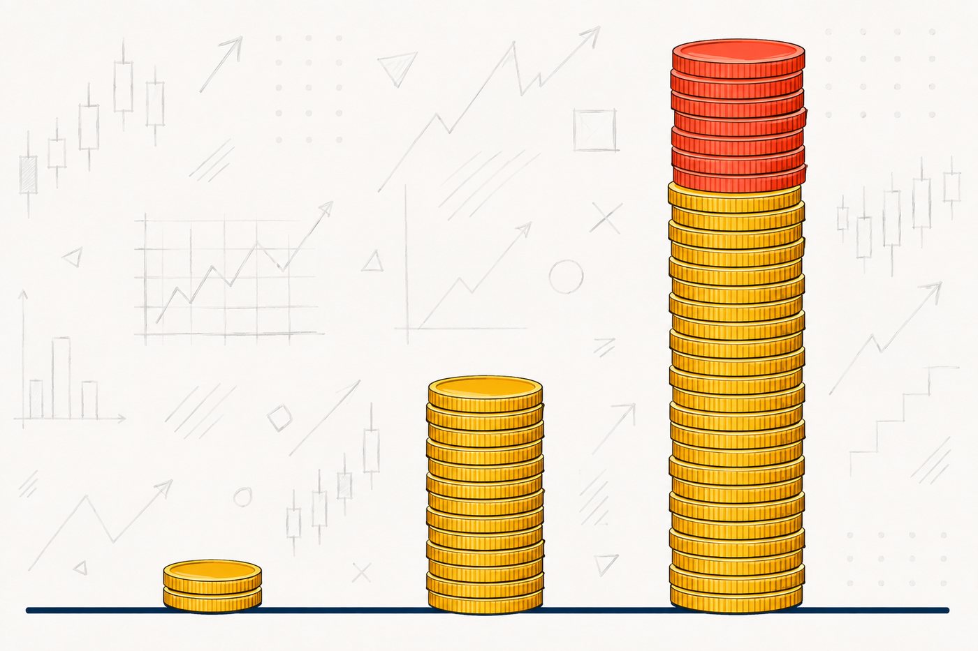 Slippage scaling with order size: three coin stacks growing tenfold, the tallest overshooting into coral