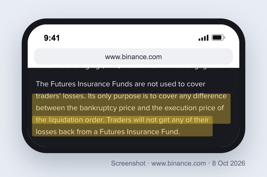 Screenshot of Binance’s FAQ Introduction to Futures Insurance Funds on a phone, with two sentences highlighted: its only purpose is to cover any difference between the bankruptcy price and the execution price of the liquidation order, and traders will not get any of their losses back from a Futures Insurance Fund