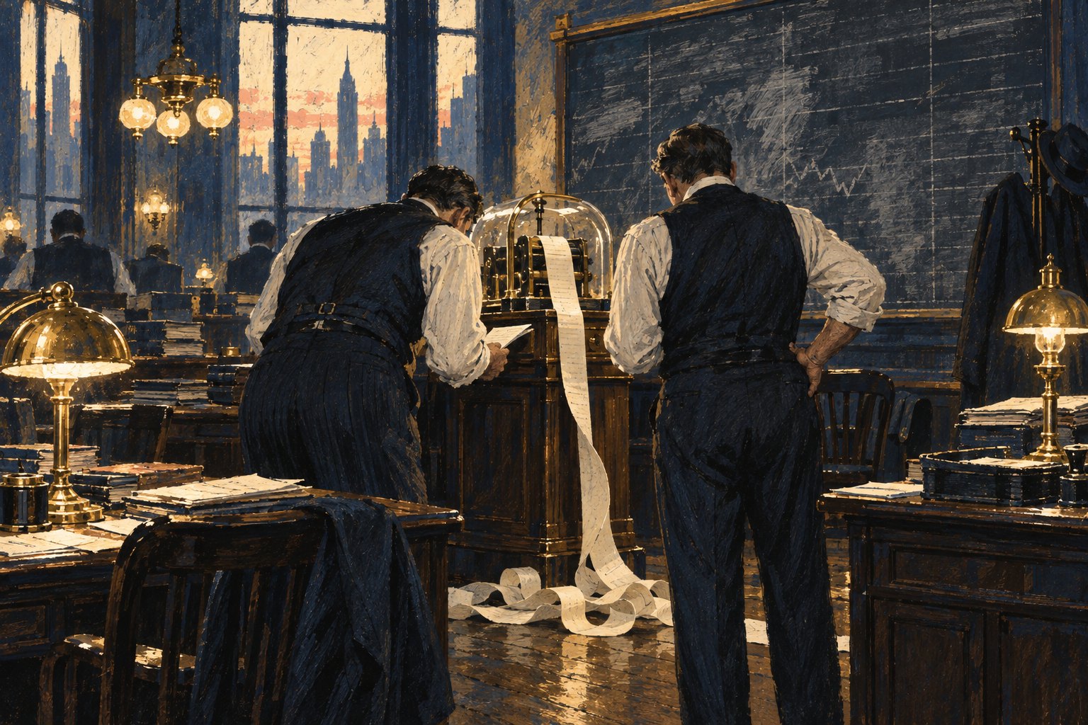 Illustration of a 1909 New York brokerage office at the close of trading: two men in shirtsleeves reading a long curl of paper tape spilling from a glass-domed stock ticker, a smudged chalk quotation board on the wall behind them