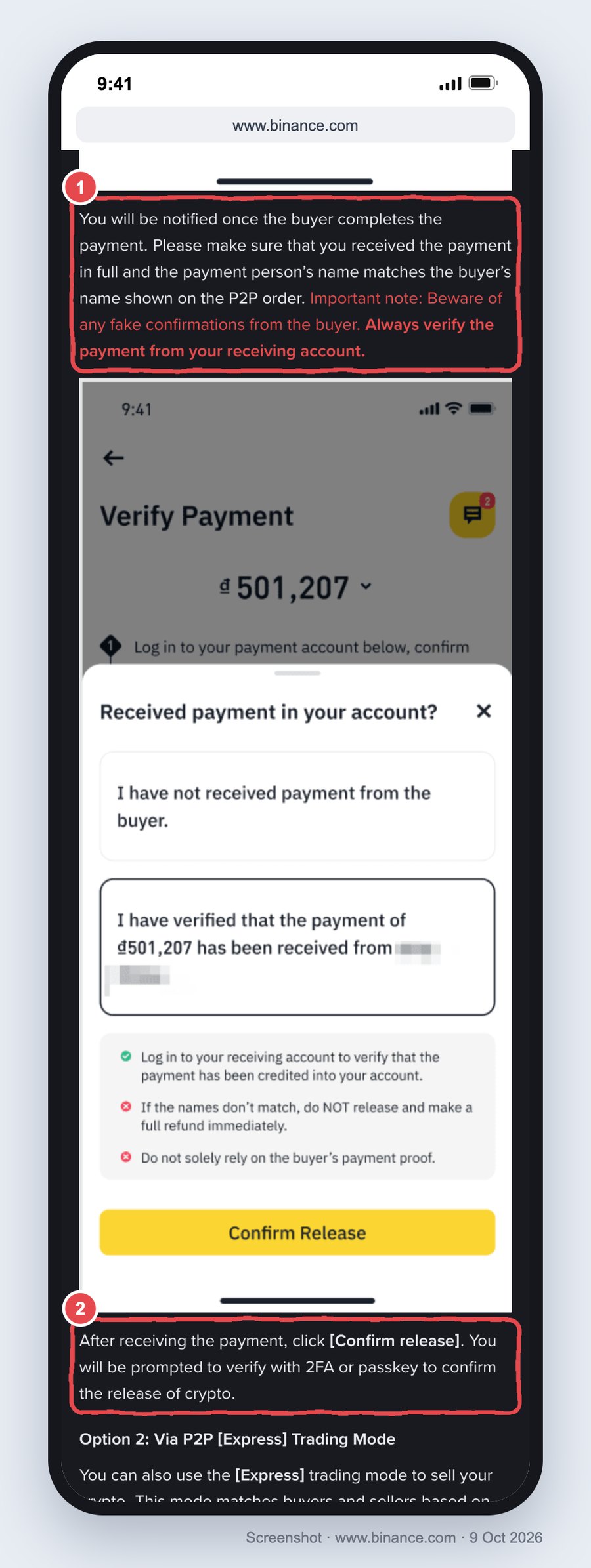 Binance help article on a phone: the paragraph telling sellers to check the payment arrived in full and the payer's name matches, with a warning about fake confirmations, boxed as 1; Binance's own Verify Payment screen asking Received payment in your account, with the lines If the names don't match, do NOT release and Do not solely rely on the buyer's payment proof; and the step After receiving the payment, click Confirm release boxed as 2