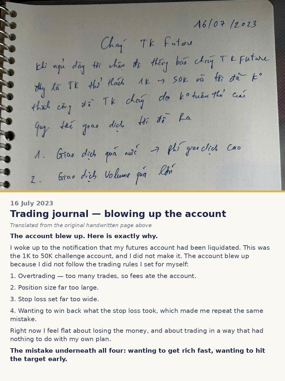 Photo of a handwritten trading journal page dated 16/07/2023, headed Futures account blown, with an English translation underneath: the account blew up because I did not follow my own rules; 1. overtrading, too many trades, so fees ate the account; 2. position size far too large; 3. stop loss set far too wide; 4. wanting to win back what the stop loss took.