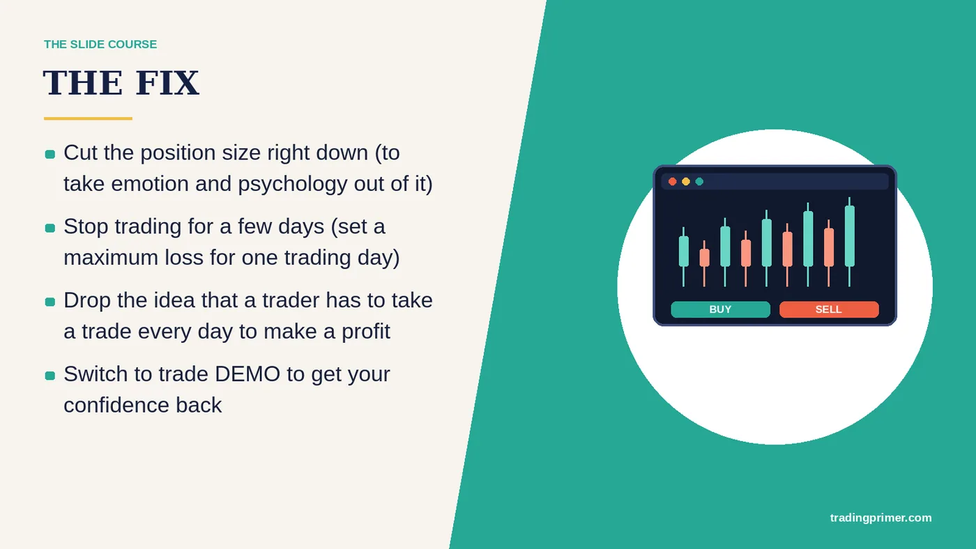 Cut the position size right down (to take emotion and psychology out of it) · Stop trading for a few days (set a maximum loss for one…