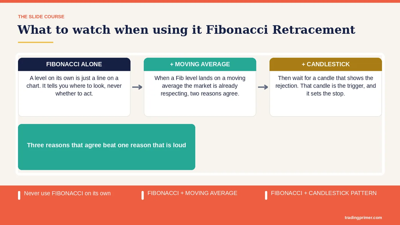 What to watch when using it Fibonacci Retracement · Never use FIBONACCI on its own · FIBONACCI + MOVING AVERAGE · FIBONACCI +…
