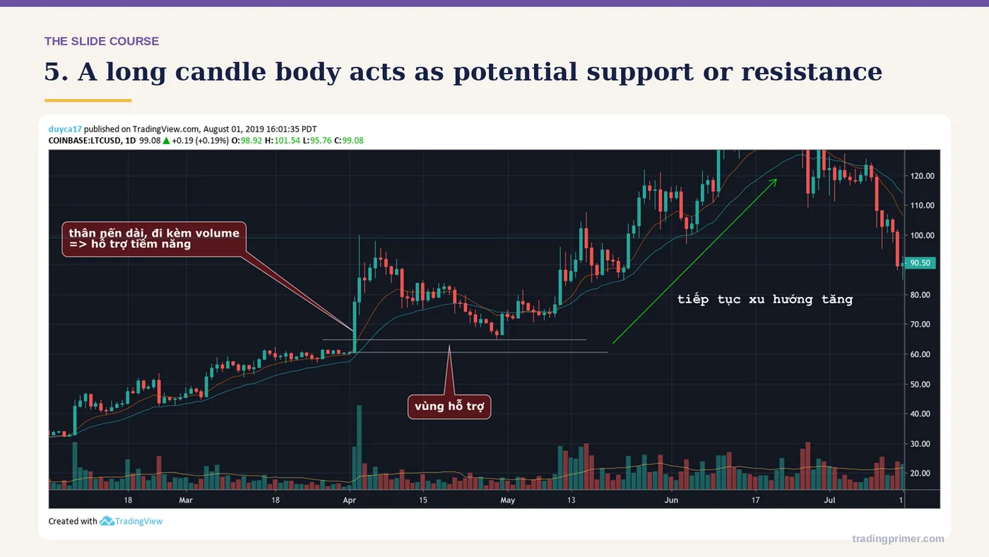 5. A long candle body acts as potential support or resistance