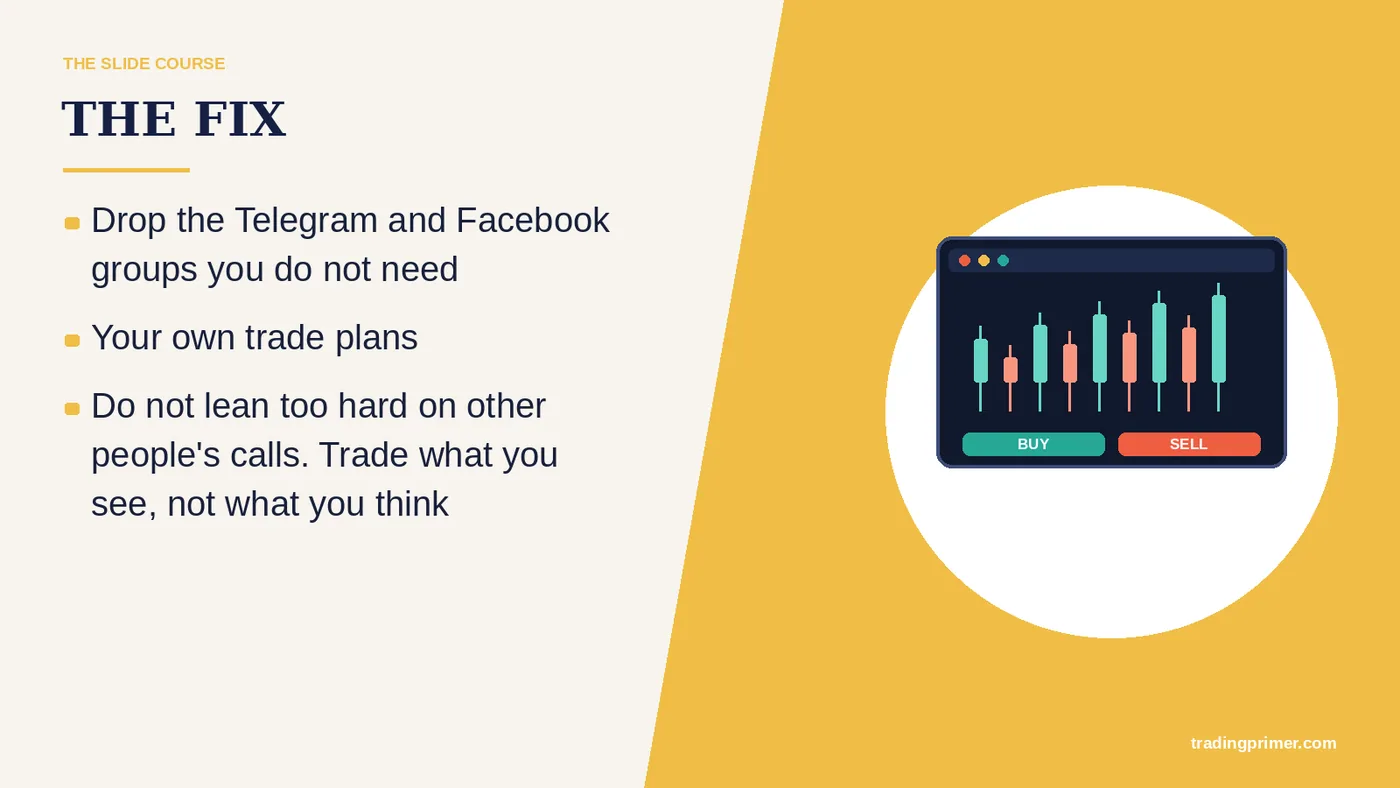 Drop the Telegram and Facebook groups you do not need · Your own trade plans · Do not lean too hard on other people's calls. Trade what…