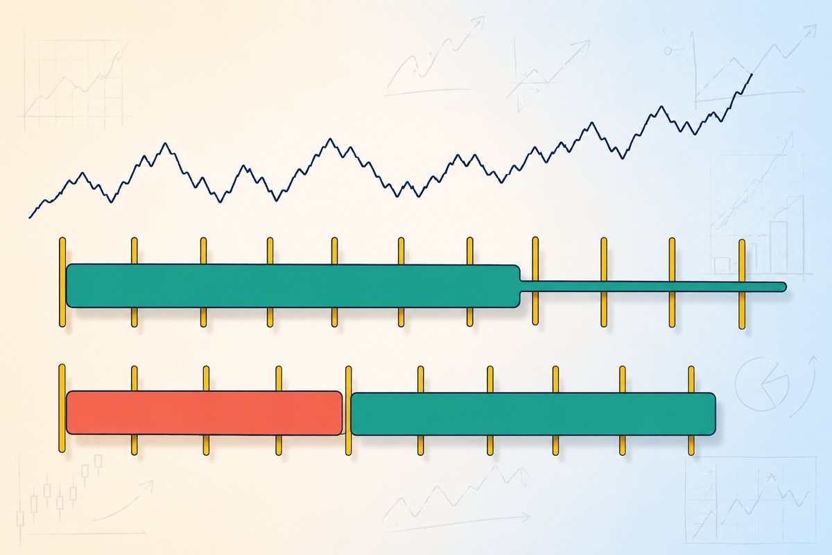 Explainer graphic of one continuous price line sliced by two differently positioned sets of candle boundaries, producing completely different candle shapes from identical trades