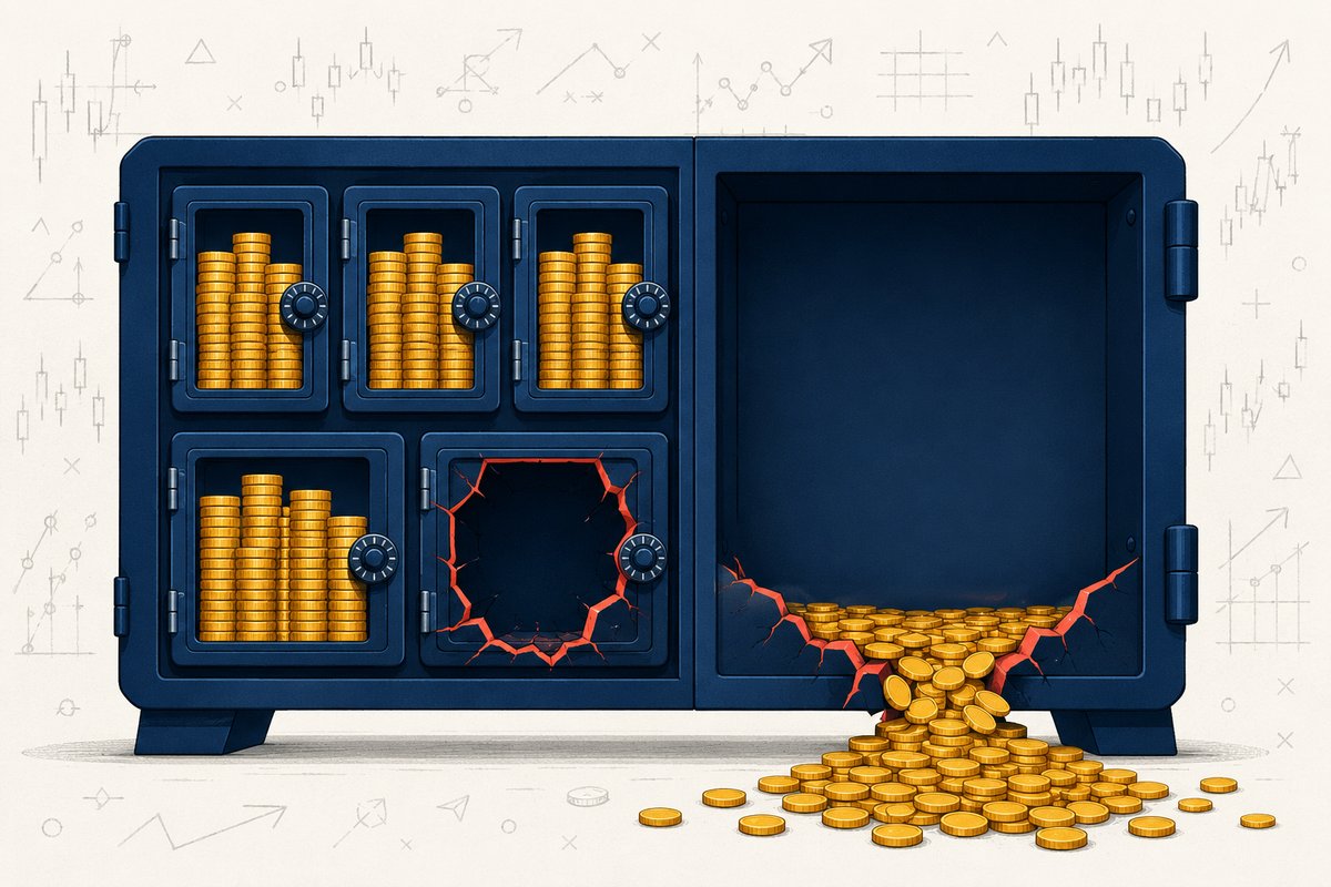 Explainer graphic comparing isolated margin as a vault of five sealed compartments with one emptied, against cross margin as a single undivided chamber draining completely