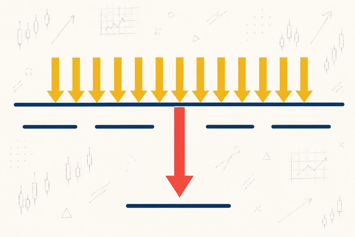 Explainer graphic of many stop-loss arrows converging on a single price line with a sparse broken order book beneath it, and price falling through the gaps