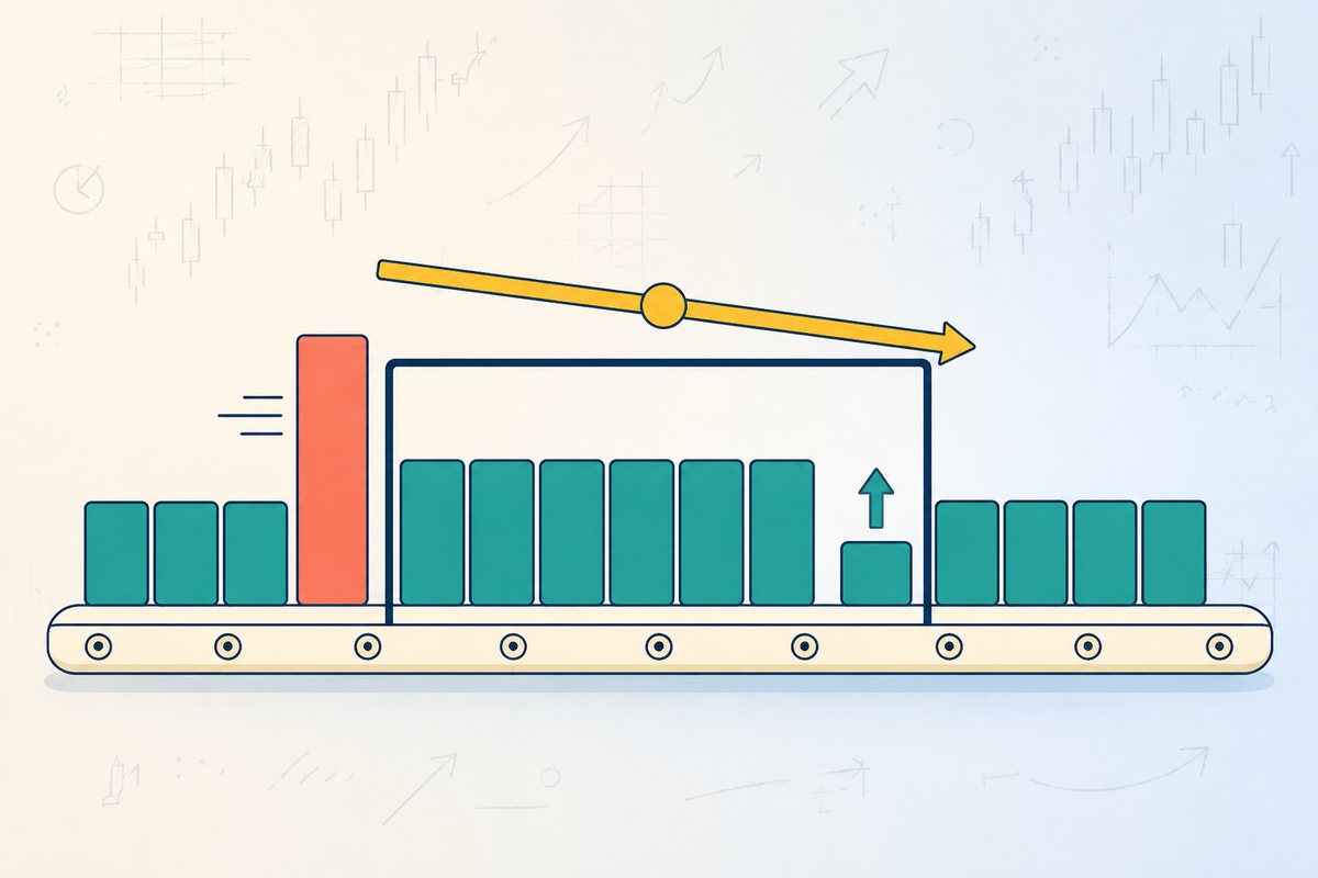 Explainer graphic of a conveyor belt with a window frame over its middle: a tall coral block is sliding out on the left while a short teal block with an up arrow sits inside on the right, and the gold pointer above the frame tips downward - the bar leaving the window pulls the moving average down on a green day