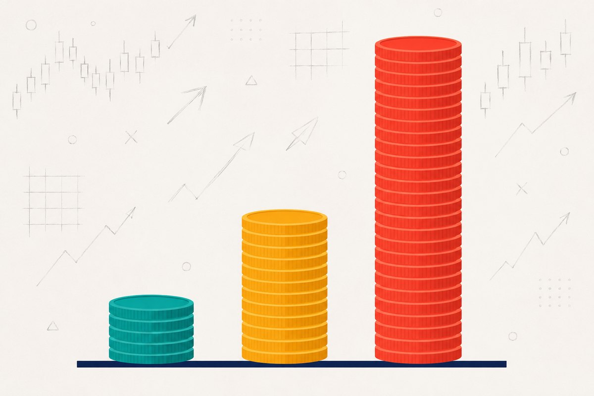 Explainer graphic of a small coin stack for fees saved beside a much taller coin stack for the winning trades missed