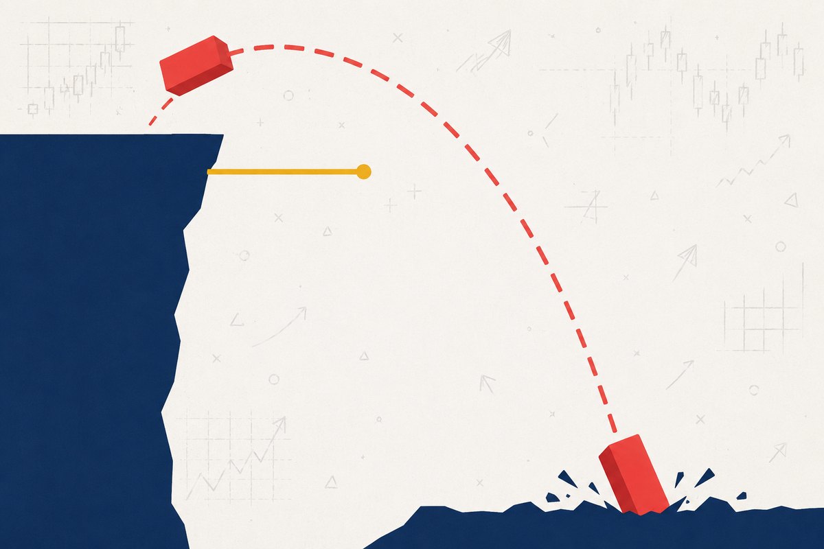 Explainer graphic of a falling price block leaping clean over a thin stop-limit rail and landing far below it