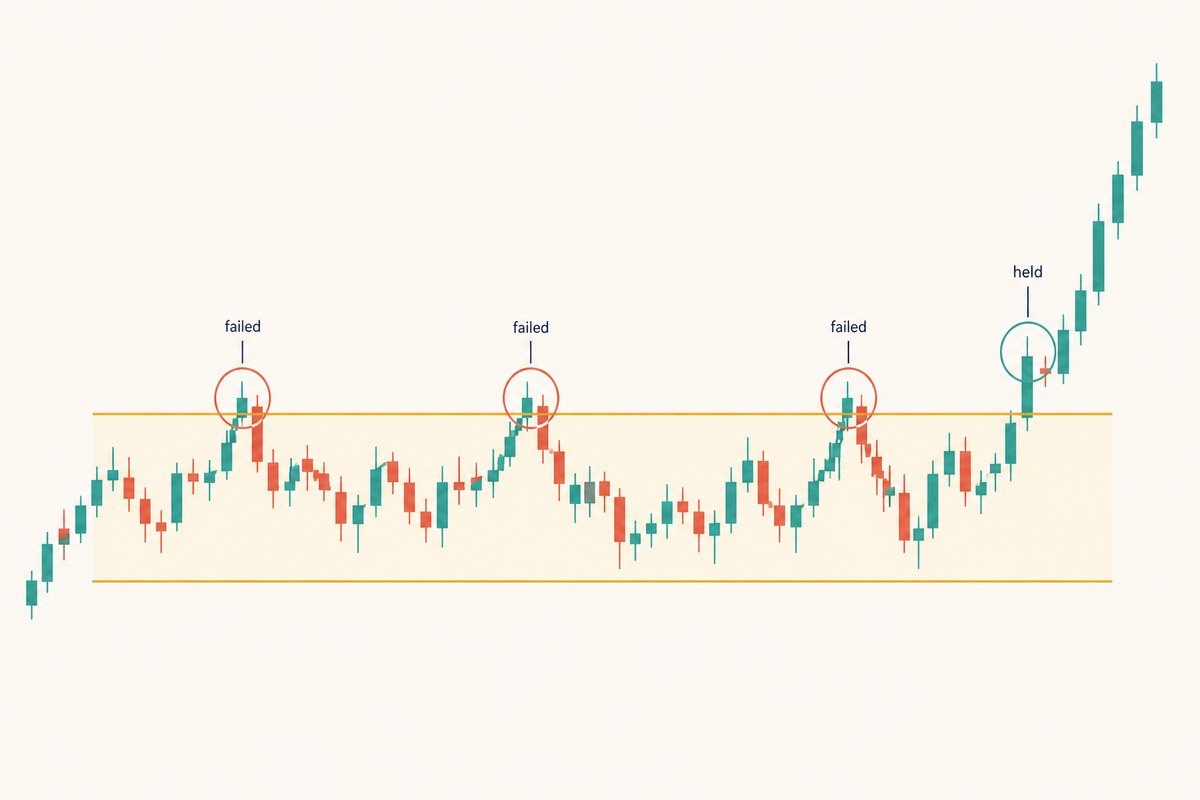A sideways price range where three attempts to break above the ceiling are circled and labelled failed, and a fourth attempt is circled and labelled held before price climbs away