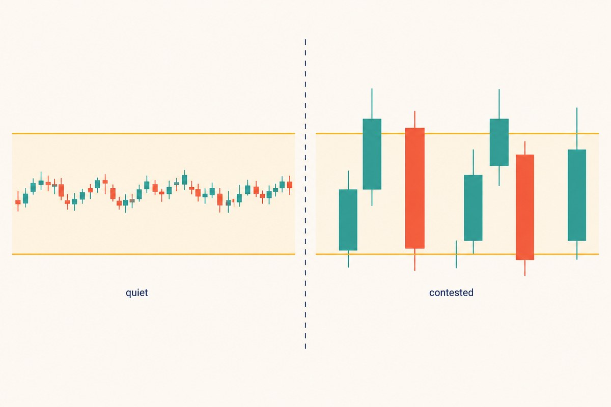 Two sideways price ranges of identical height, the left one crossed slowly by small candles and labelled quiet, the right one crossed in two or three huge candles and labelled contested