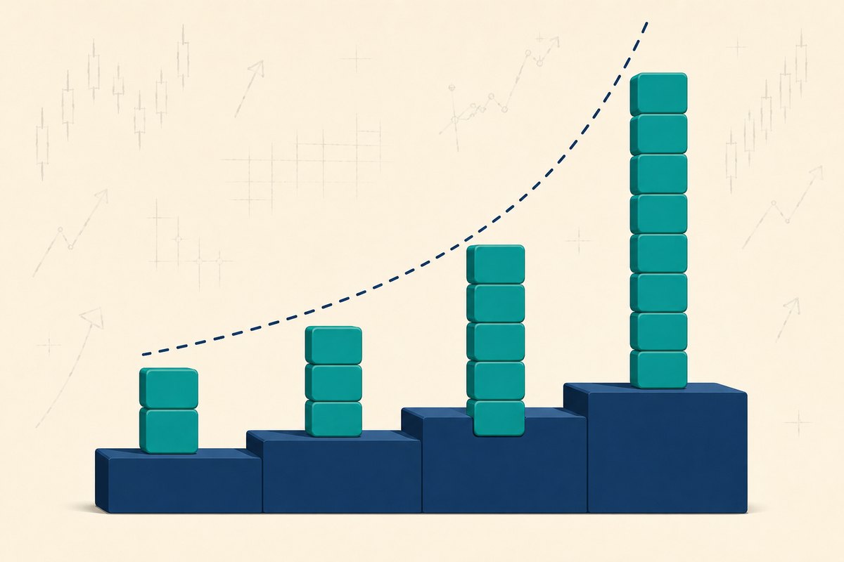 Explainer graphic of four navy steps of exactly equal height, each carrying a column of teal blocks two, three, five and eight cubes tall, with a navy dashed curve sweeping steeply upward above them - equal steps on the RSI dial standing for wildly unequal jumps in pressure