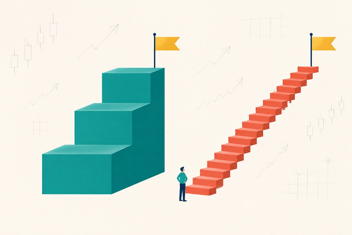 Explainer graphic of a short three-step staircase beside a long thirteen-step staircase reaching the same flag, showing that a wider support zone means a longer climb to the same reward
