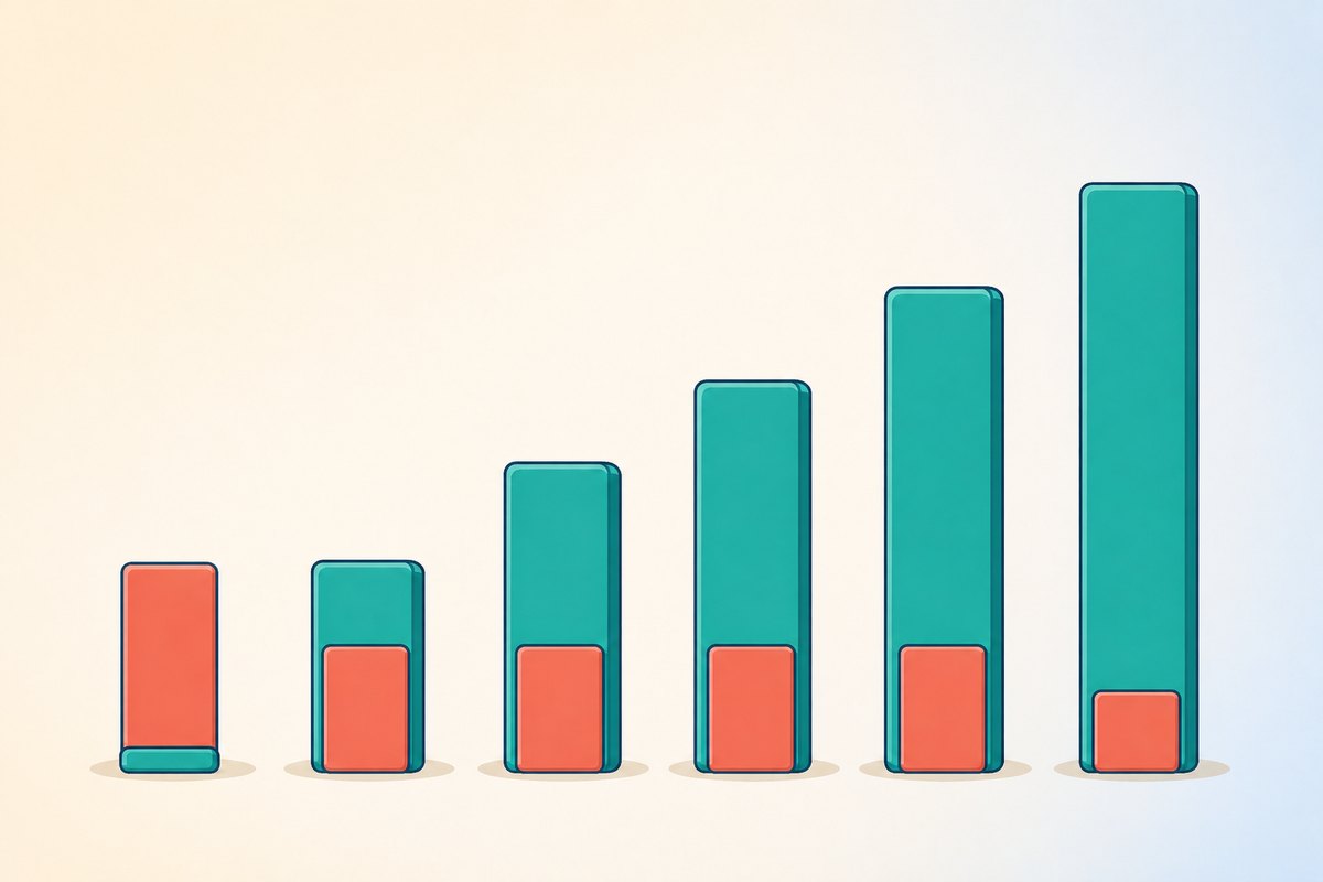 Explainer graphic of six bars growing taller from left to right with an identical fixed-height cost block in front of each, showing how a fixed trading fee swallows a small timeframe candle