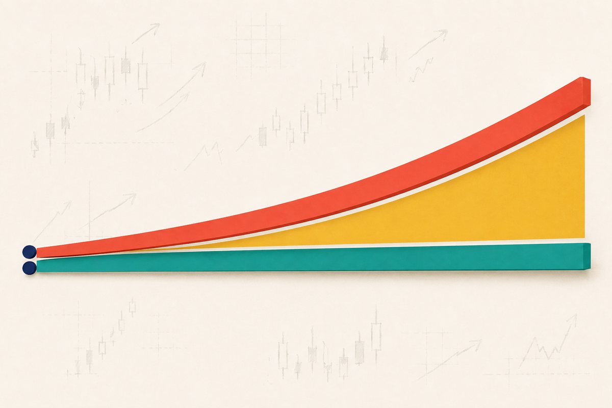 Explainer graphic of two beams pinned at the same two points fanning apart, showing how a linear and a logarithmic trendline diverge the further they are extended