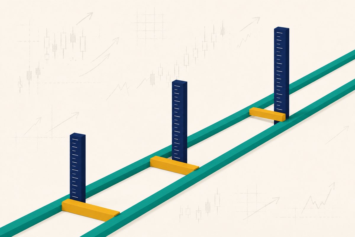 Explainer graphic of three identical gold bars wedged between two rising parallel rails, each standing against a taller measuring column, showing a price channel losing percentage width as price rises