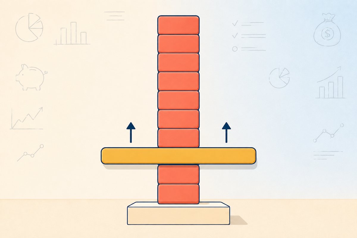 Explainer graphic of a tall coral block column whose gold measuring bar has been pushed upward by the column itself, hiding the lower blocks - how a volume average that includes the current bar understates the spike it is measuring