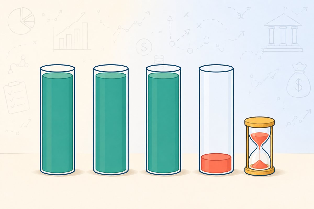 Explainer graphic of three full teal cylinders beside a fourth barely filled at the bottom with coral, next to an hourglass whose sand is still almost entirely in the top bulb - why a live candle looks empty compared with completed bars
