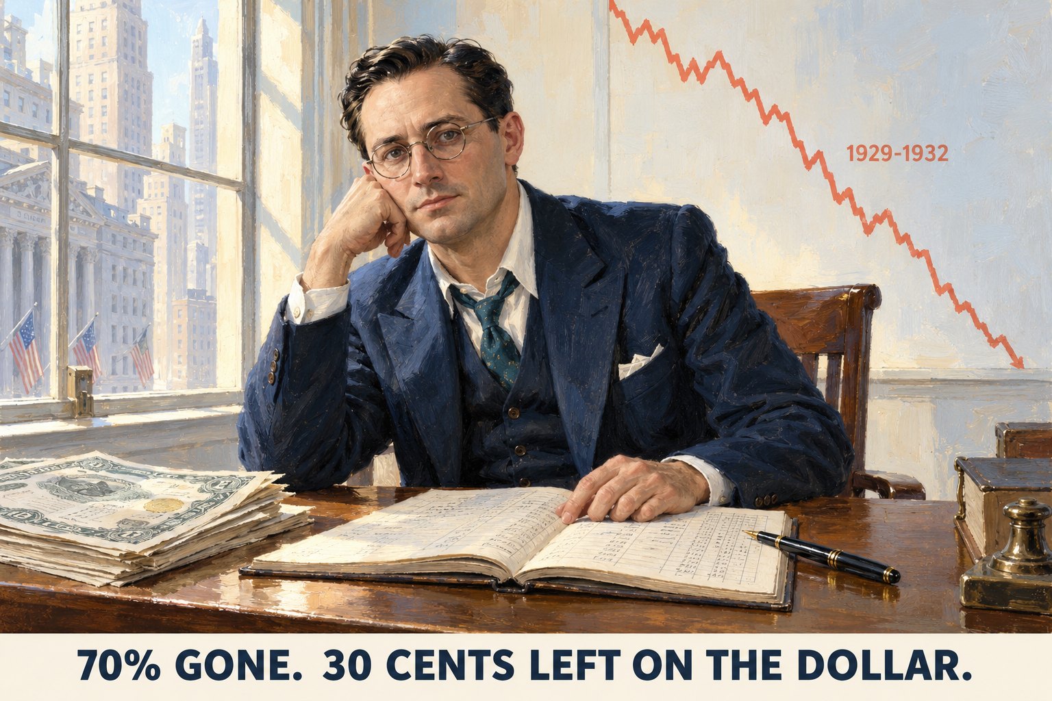 Illustrated portrait of a man in his late thirties in round spectacles and a navy three-piece suit, seated at a desk in a daylit Wall Street office in the early 1930s, one hand on an open ledger of handwritten figures beside a fountain pen and a stack of banknotes, with a coral line chart on the wall behind him falling steeply under the label 1929-1932 and a caption strip reading 70% GONE. 30 CENTS LEFT ON THE DOLLAR &mdash; an illustration, not a photograph, and not a likeness of any real person