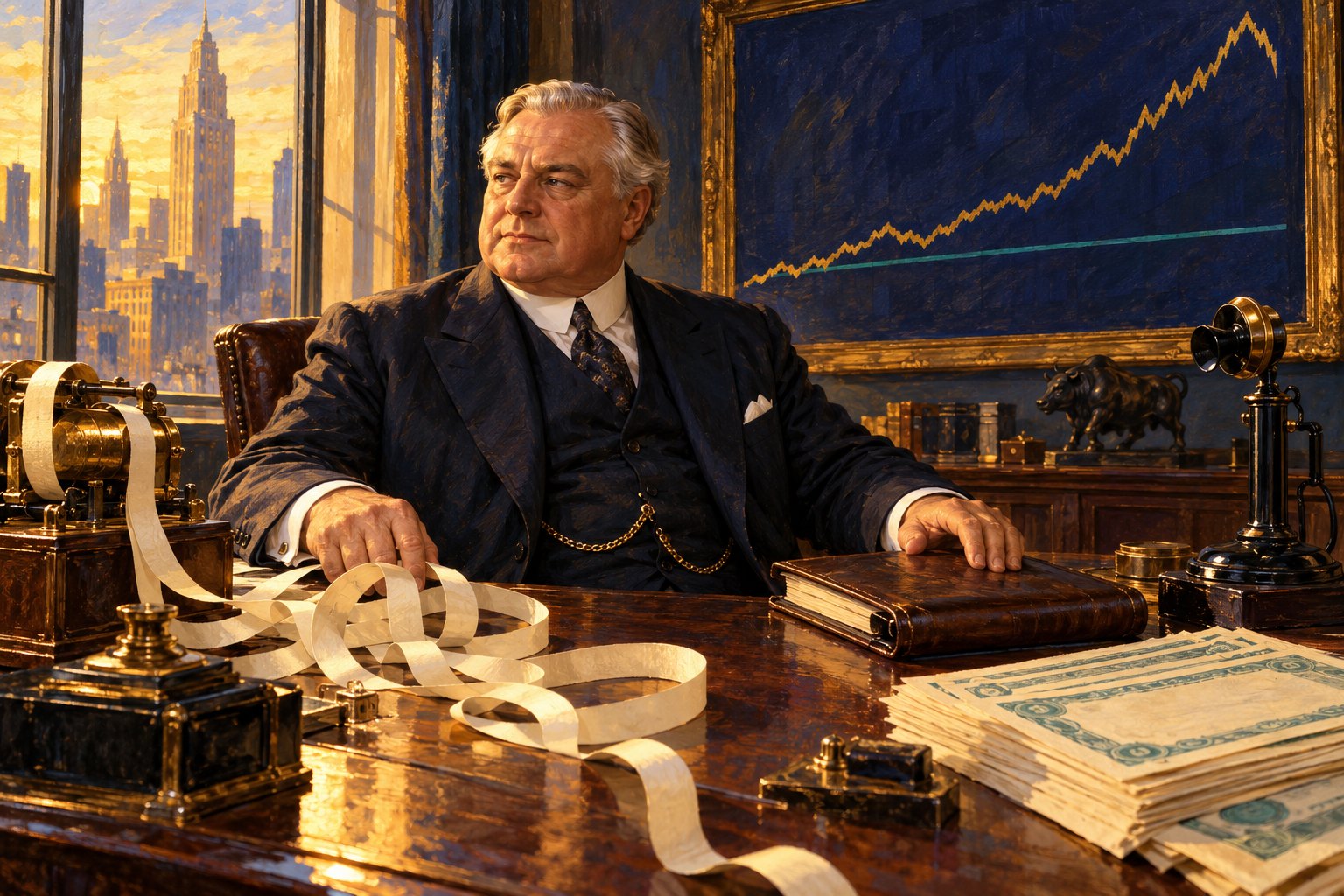 Illustrated portrait of a heavy-set financier in his late fifties with swept-back silver hair, in a dark three-piece suit and high starched collar, seated at a desk in a private Wall Street brokerage office in 1929, one hand resting on a spilled coil of ticker tape beside a brass stock ticker, the other closing a leather ledger, with a framed gold market chart on the wall behind him whose rising line has just begun to curl over at the top and a teal line marked well below that peak &mdash; an illustration, not a photograph, and not a likeness of any real person