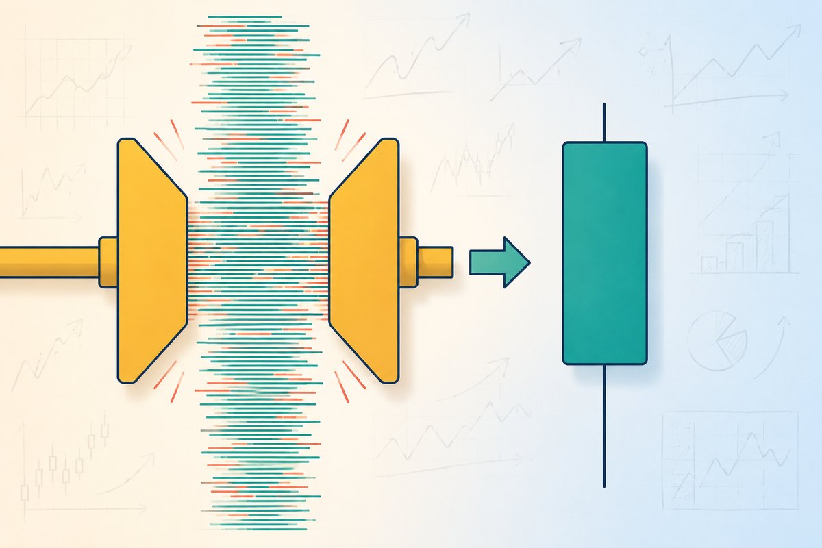 Explainer graphic of thousands of tiny price ticks being compressed between two plates into a single candlestick with a body and two wicks
