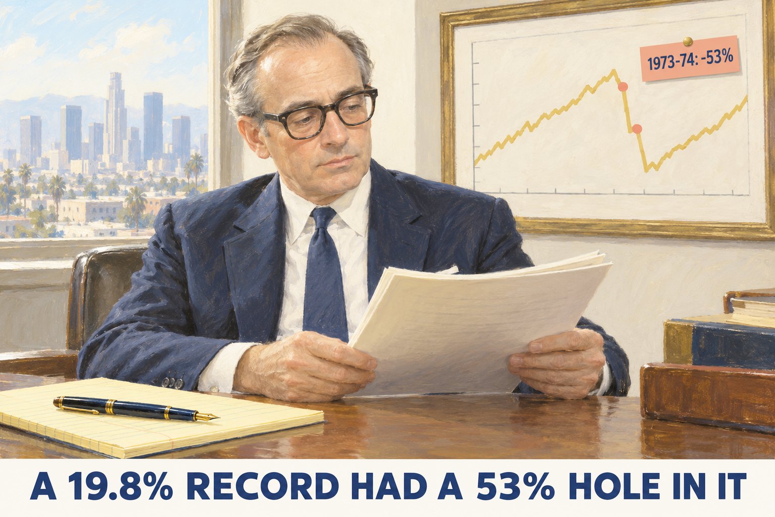 Illustrated portrait of a man about fifty with thick black-rimmed glasses, grey hair and a navy suit, reading a printed partnership report at a wooden desk in a 1970s Los Angeles office, a yellow legal pad and fountain pen beside him; on the wall a framed chart shows a gold line rising for years, dropping in two steep steps marked with coral dots, then climbing again, with a pinned tag reading 1973-74: -53%, and a caption strip reading A 19.8% RECORD HAD A 53% HOLE IN IT &mdash; a representative figure, not a likeness of any real person &mdash; an illustration, not a photograph