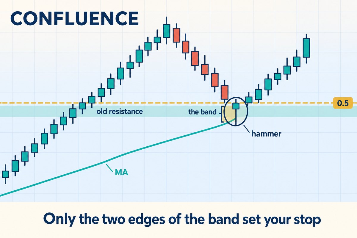 Explainer graphic of confluence on a trading chart: candles climb to a peak, pull back and stop where a dashed gold Fibonacci line tagged 0.5, a rising teal moving average labelled MA and a pale teal band labelled old resistance all meet. A single circled hammer candle stands at that spot, a narrow honey-gold strip between its low and the dashed line is labelled the band, and the caption reads: only the two edges of the band set your stop