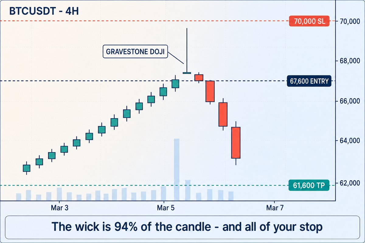 A bright 4-hour candlestick chart of BTCUSDT rising into a gravestone doji whose thin body sits at 68,000 and whose long upper wick reaches 69,800, with dashed lines marking a stop at 70,000, an entry at 67,600 and a target at 61,600
